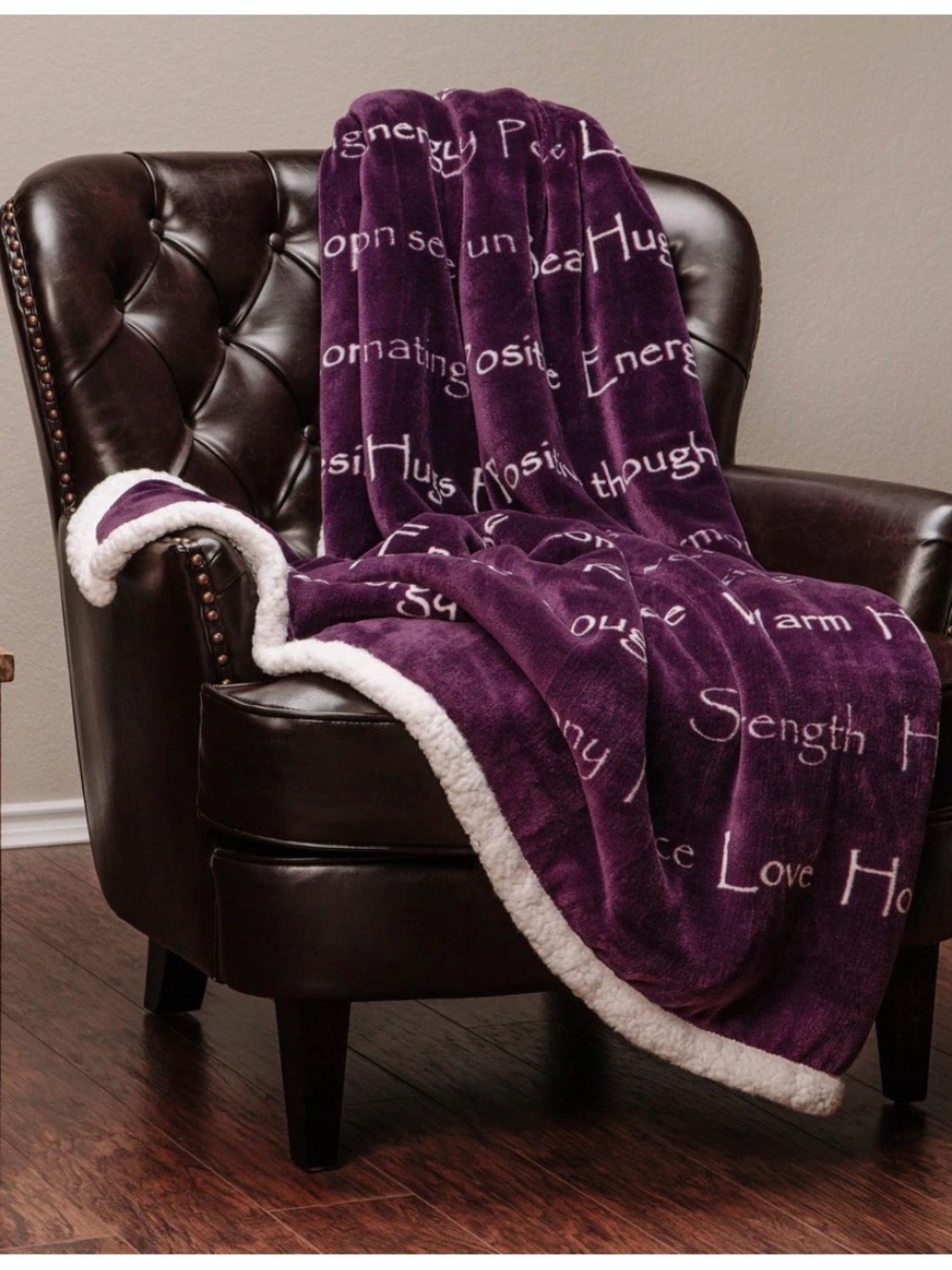 NWT Plush Sherpa Throw Blanket in Deep Purple (Aubergine) with Motivational Word